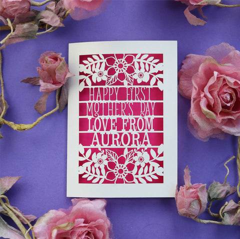A 1st Mother's Day card with cut out text that says "Happy First Mother's Day, love from" and is personalised with a name - A5 / Shocking Pink