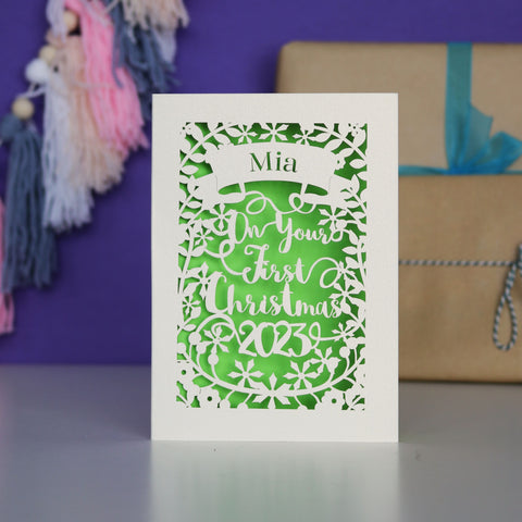 Personalised 'First Christmas' Papercut Card - A5 / Bright Green