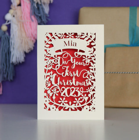 Personalised 'First Christmas' Papercut Card - A5 / Bright Red