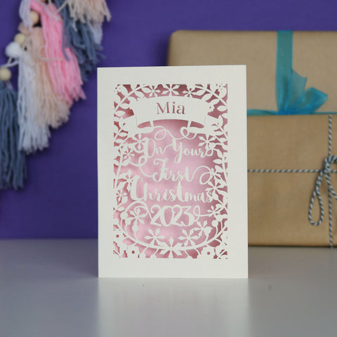 Personalised 'First Christmas' Papercut Card - A5 / Candy Pink