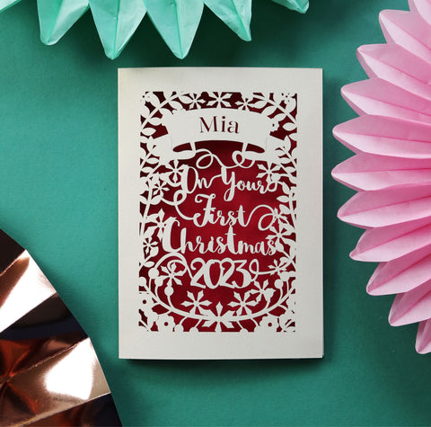Personalised 'First Christmas' Papercut Card - A5 / Dark Red