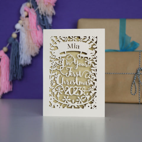 Personalised 'First Christmas' Papercut Card - A5 / Gold Leaf