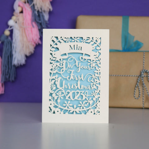 Personalised 'First Christmas' Papercut Card - A5 / Light Blue