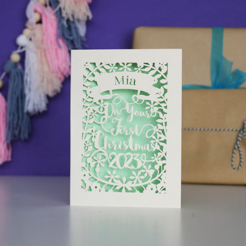 Personalised 'First Christmas' Papercut Card - A5 / Light Green