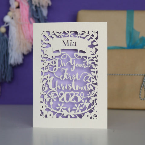 Personalised 'First Christmas' Papercut Card - A5 / Lilac