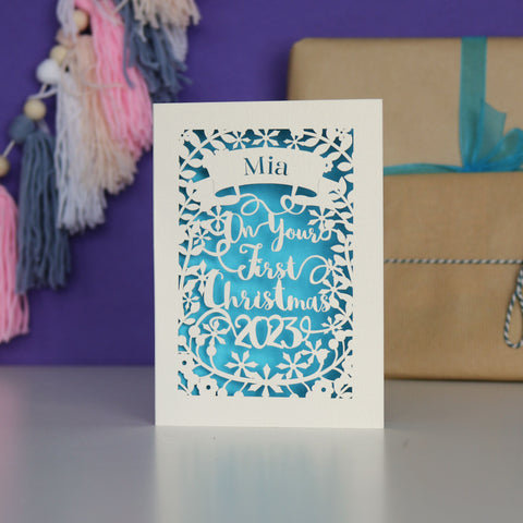 Personalised 'First Christmas' Papercut Card - A5 / Peacock Blue