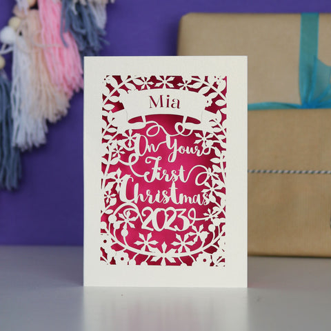 Personalised 'First Christmas' Papercut Card - A5 / Shocking Pink