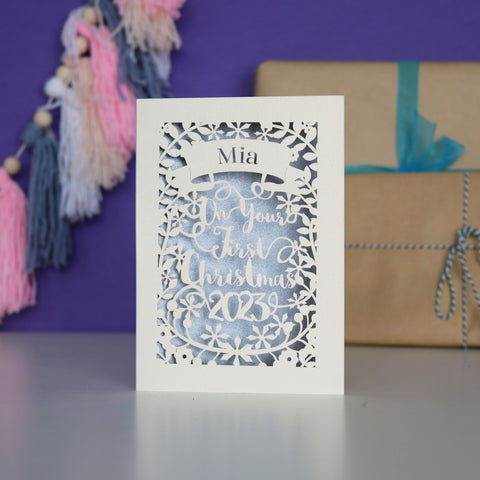 Personalised 'First Christmas' Papercut Card - A5 / Silver