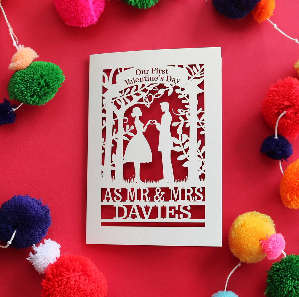 A Valentines Card featuring cut out silhouettes of a couple, personalised with their names. Card says "Our First Valentine's Day" at the top.