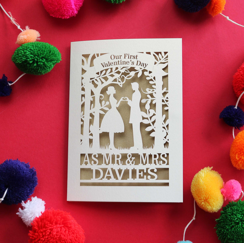 A Valentines Card featuring cut out silhouettes of a couple, personalised with their names. Card says "Our First Valentine's Day" at the top.