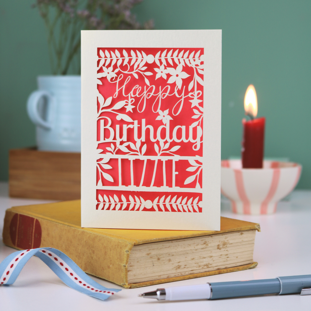 Birthday card with floral design and 'Happy Birthday' text on a book with a candle and plant in the background.