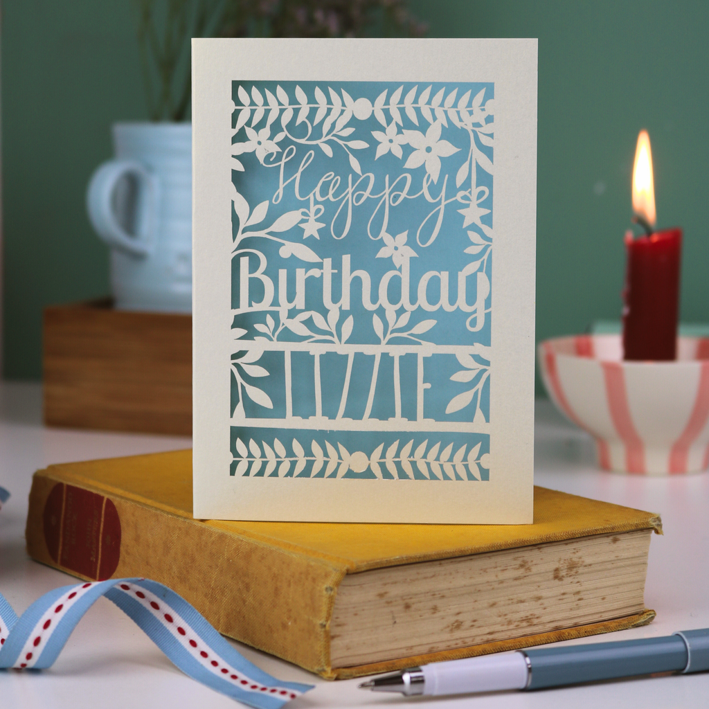 Birthday card with floral design and 'Happy Birthday' text on a book with a candle and plant in the background.