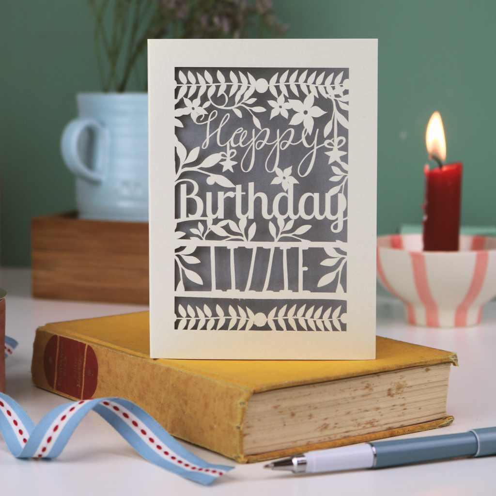 Birthday card with floral design and 'Happy Birthday' text on a book with a candle and plant in the background.