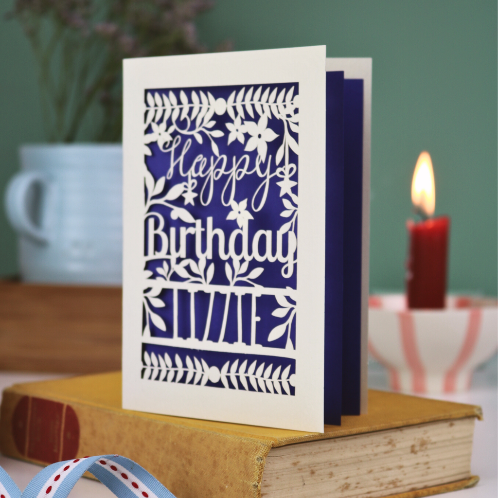 Birthday card with floral design and 'Happy Birthday' text on a book with a candle and plant in the background.