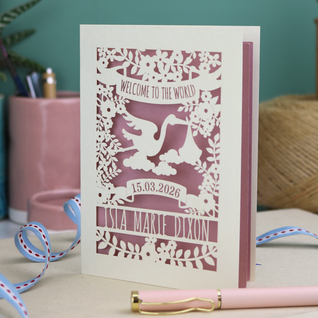 A personalised new baby card with laser cut floral stork design and "Welcome to the World" in cut out text in a banner, with the baby's date of birth and name