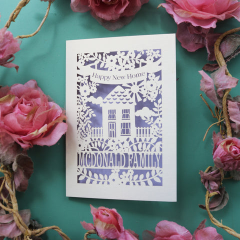 A unique housewarming card. Card says "Happy new home" and is personalised with the recipient/s' name in a line of text - A6 / Lilac