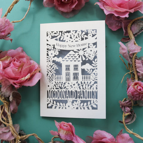 Personalised new home cards for family. Card says "Happy new home" and is personalised with the recipient/s' name in a line of text - A6 / Silver