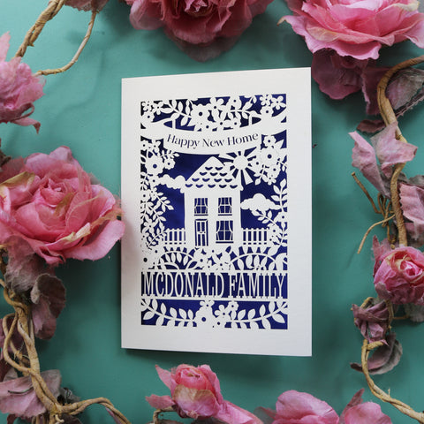 Unique new home card for best friends. Card says "Happy new home" and is personalised with the recipient/s' name in a line of text - A6 / Infra Violet