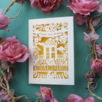 A sweet new home card for families. Card says "Happy new home" and is personalised with the recipient/s' name in a line of text