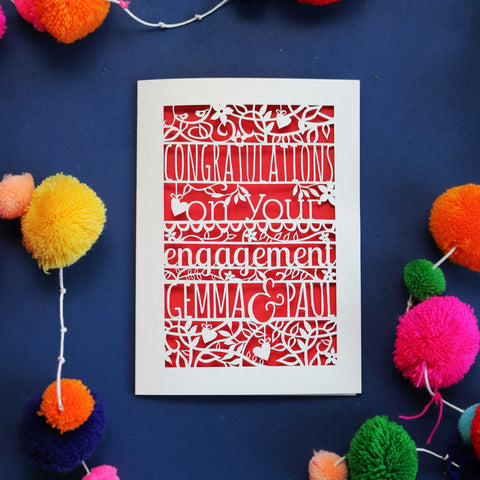 A unique engagement card for friends or family. Card is laser cut and personalised with names. - A5 / Cream / Bright Red