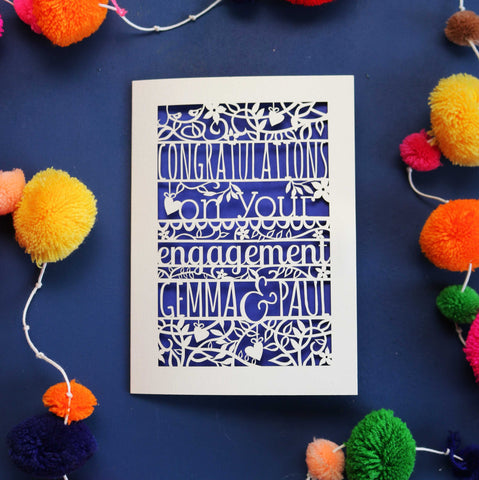 Engagement card for son or daughter. Card says "Congratulations on your engagement" and is personalised with their names.  - 