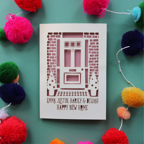 A laser cut new home card featuring a front door - A6 / Dusky Pink