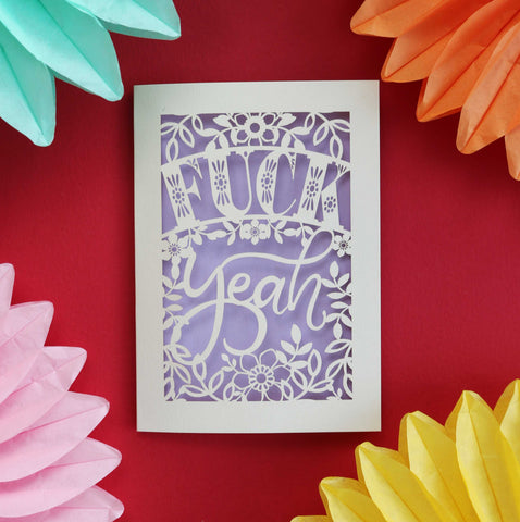 Laser cut congratulations card that says "Fuck Yeah" - A6 (small) / Lilac