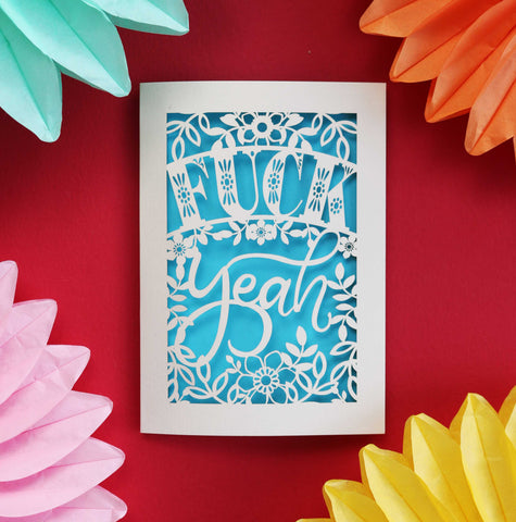 Laser cut congratulations card that says "Fuck Yeah" - A6 (small) / Peacock Blue