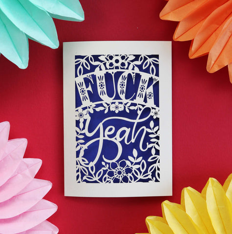 Laser cut congratulations card that says "Fuck Yeah" - A6 (small) / Infra Violet