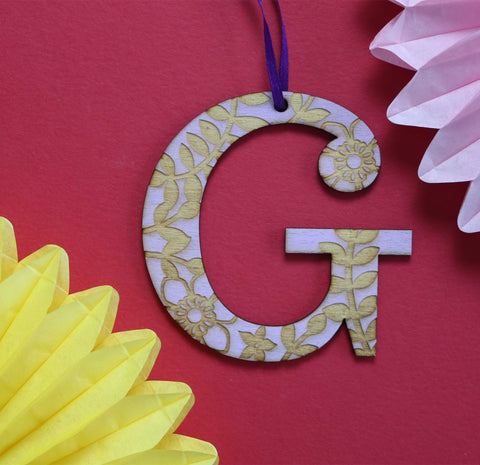 Assorted Letter G Wooden Engraved Hanging Decorations - 3mm lilac floral