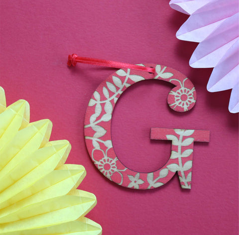 Assorted Letter G Wooden Engraved Hanging Decorations - 3mm red floral