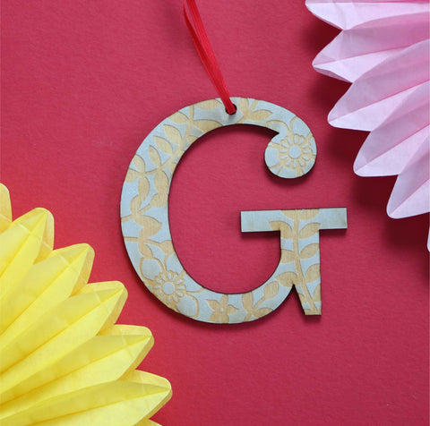 Assorted Letter G Wooden Engraved Hanging Decorations - 3mm silver floral
