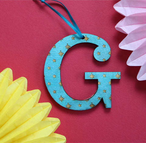 Assorted Letter G Wooden Engraved Hanging Decorations - 6mm teal stars