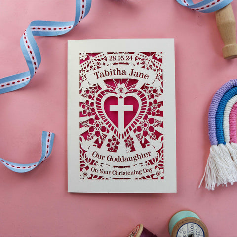 A laser cut card for a Goddaughter's baptism or christening.  - A6 (small) / Shocking Pink / My Goddaughter On Your Christening Day