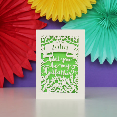 Personalised Papercut 'Be my Godfather?' Card - A6 (small) / Bright Green