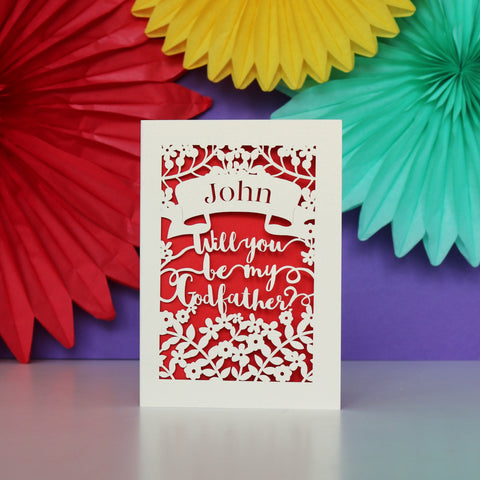 Personalised Papercut 'Be my Godfather?' Card - A6 (small) / Bright Red