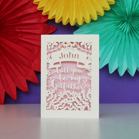 Personalised Papercut 'Be my Godfather?' Card - A6 (small) / Candy Pink