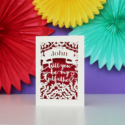 Personalised Papercut 'Be my Godfather?' Card - A6 (small) / Dark Red