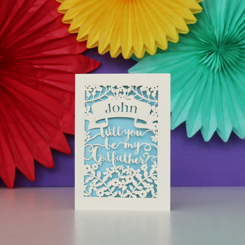 Personalised Papercut 'Be my Godfather?' Card - A6 (small) / Light Blue
