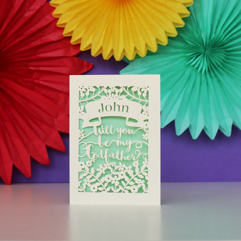 Personalised Papercut 'Be my Godfather?' Card - A6 (small) / Light Green