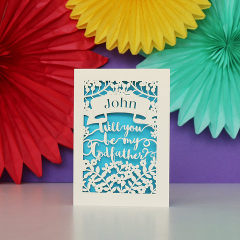 Personalised Papercut 'Be my Godfather?' Card - A6 (small) / Peacock Blue