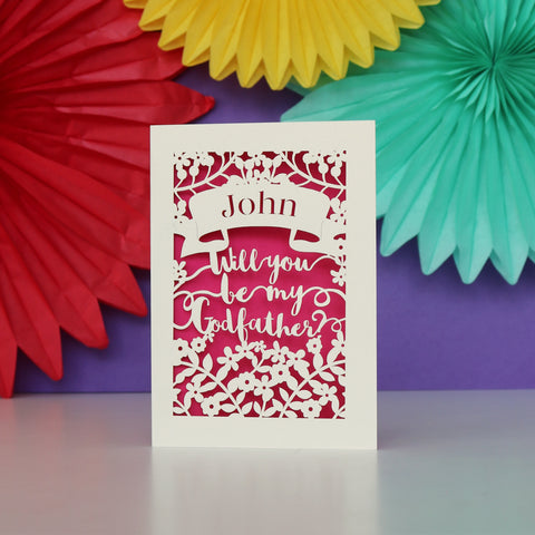 Personalised Papercut 'Be my Godfather?' Card - A6 (small) / Shocking Pink