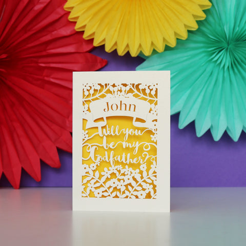 Personalised Papercut 'Be my Godfather?' Card - A6 (small) / Sunshine Yellow