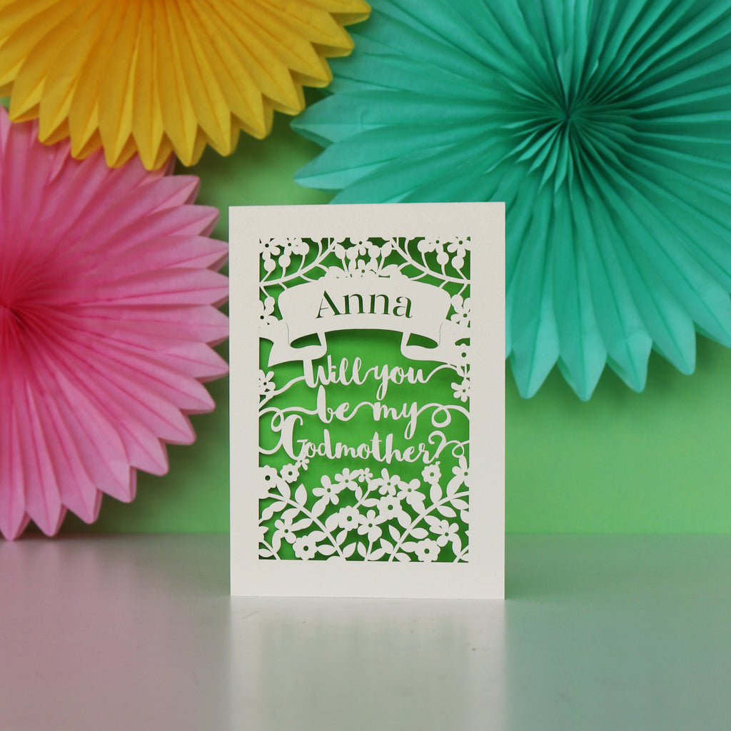 Personalised Papercut 'Be my Godmother?' Card