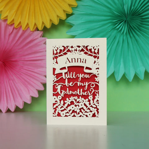 Personalised Papercut 'Be my Godmother?' Card - A6 (small) / Bright Red