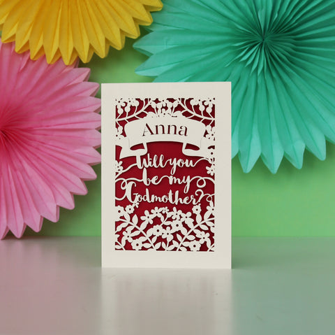 Personalised Papercut 'Be my Godmother?' Card - A6 (small) / Dark Red