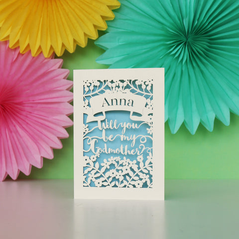 Personalised Papercut 'Be my Godmother?' Card - A6 (small) / Light Blue