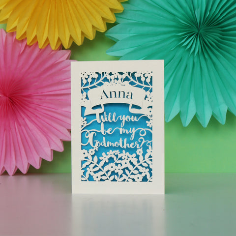 Personalised Papercut 'Be my Godmother?' Card - A6 (small) / Peacock Blue