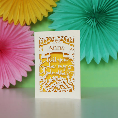 Personalised Papercut 'Be my Godmother?' Card - A6 (small) / Sunshine Yellow
