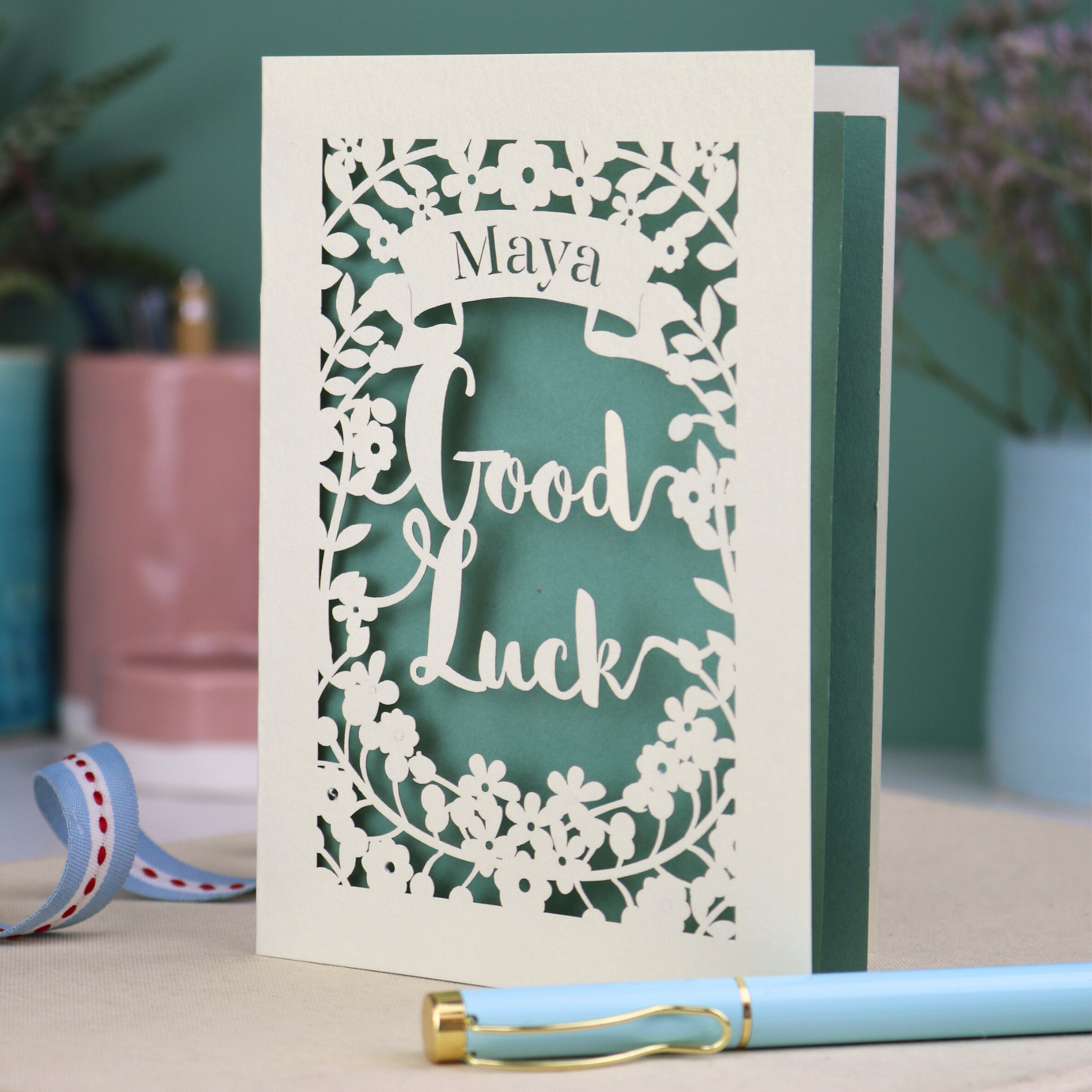 Good Luck Card -Personalised Papercut Floral Design